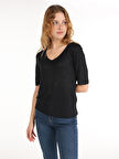 Dar Kesim V Yaka Basic Siyah Kadın Kısa Kol Tişört