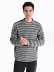 Regular Fit Bisiklet Yaka Çizgili Triko Gri Erkek Kazak