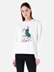 Normal Kesim Bisiklet Yaka Baskılı Beyaz Kadın Sweatshirt Cl1068067