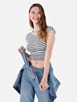 Dar Kesim Bisiklet Yaka Çizgili Lacivert Kadın Kısa Kol Tişört Cl1068749
