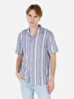 Normal Kesim Shirt Yaka Çizgili Mavi Erkek Kısa Kol Gömlek Cl1069252