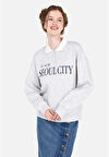 Regular Fit Polo Yaka  Kadın Gri Sweatshirt