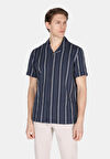 Regular Fit Shirt Neck Çizgili Erkek Lacivert Kısa Kol Gömlek