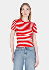 Slim Fit Yuvarlak Yaka Çizgili Kadın Kirmizi Kısa Kol Tişört Cl1073208