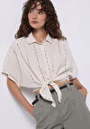 Regular Fit Shirt Neck Nakışlı Kadın Ekru Kısa Kol Gömlek