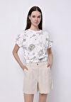 Regular Fit Yuvarlak Yaka Baskılı Kadın Beyaz Kısa Kol Tişört