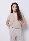 Regular Fit V Yaka Düz Kadın Bej Kolsuz Tişört