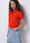 Slim Fit Polo Yaka Düz Kadın Kirmizi Kısa Kol Tişört