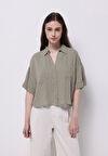 Regular Fit Shirt Neck Düz Kadın Yeşil Kısa Kol Gömlek