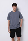 Comfort Fit Yuvarlak Yaka Jakarlı Erkek Antrasit Kısa Kol Tişört