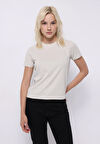 Regular Fit Yuvarlak Yaka Düz Kadın Ekru Kısa Kol Tişört
