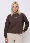 Regular Fit Yuvarlak Yaka Baskılı Kadın Kahverengi Sweatshirt