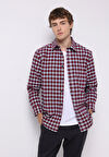 Regular Fit Shirt Neck Ekoseli Erkek Kirmizi Uzun Kol Gömlek
