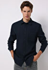 Slim Fit Shirt Neck Ekoseli Erkek Lacivert Uzun Kol Gömlek