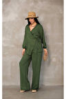 Kadın Yeşil Kruvaze Bağlamalı Sofya Keten Takım (2’li Set)