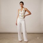 SAYTEKS Çiçek Desenli Halter Yaka Ekru Crop Bluz 2314053