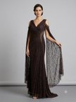 FOR COSTUME Kadın Dantel Detaylı Pelerin Kollu Uzun Abiye Elbise 10422