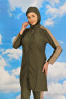 Giyim Kadın Pantolonlu Kolu Şeritli Tam Tesettür Mayo Haki