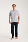 Giyim Erkek Gri Düğmeli Yaka Kısa Kol Pijama Takımı
