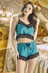 Giyim Saten Şortlu Büstiyer Takım Turkuaz