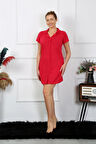 Giyim Kadın Pamuk Dokuma Kısa Kol Düğmeli Kırmızı Tunik Gecelik