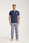 Giyim Erkek Lacivert Düğmeli Yaka Kısa Kol Pijama Takımı