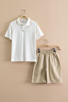 Bej Çizgi Desenli Polo Yaka Düğmeli Erkek Çocuk Şortlu 2li Takım 21114