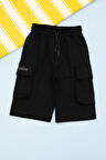 Siyah Cebi Yazı Baskılı Beli Lastikli Erkek Çocuk Şort 21160