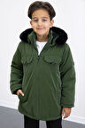 Haki Çıtçıtlı Göğüs Cepli İçi Kürklü Erkek Çocuk Kapüşonlu Mont 21348