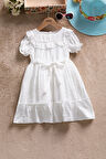 Beyaz Fırfır Detaylı Kısa Kol Kız Çocuk Pileli Elbise  22652