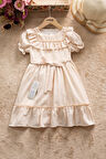 Bej Fırfır Detaylı Kısa Kol Kız Çocuk Pileli Elbise  22654