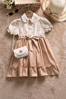 Kahverengi Müslin Kumaş Desenli Kız Çocuk Çantalı Kısa Kol Elbise  22657