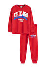 Kırmızı Chicago Baskılı Bisiklet Yaka Erkek Çocuk 2li Eşofman Takımı 22730