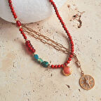 Mercan Doğal Taş Kutup Yıldızı Kombin İkili Kolye