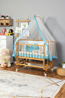Ahşap Beşik Anne Yanı Yeni Doğan Papatya Doğal Bebek Beşiği MAVİ BALİNA UYKU SETLİ + TEKER