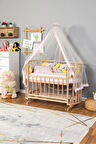 Ahşap Beşik Anne Yanı Yeni Doğan Papatya Organik Bebek Beşiği PEMBE SARI ÖRGÜ UYKU SETLİ