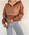 ÖNDEN FERMUARLI KAPŞONLU DERİ GÖMLEK - L Kahverengi