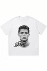 Retro Portekizli Yıldız Baskılı Beyaz Oversize Bisiklet Yaka T-Shirt