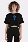 Siyah %100 Pamuk Bisiklet Yaka Crop T-shirt Acoustic  One_em1022
