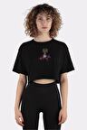Siyah %100 Pamuk Bisiklet Yaka Crop T-shirt Acoustic Meld Three_em1040
