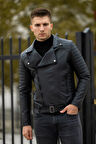 Erkek Siyah Deri Ceket Kuzey Çapraz Fermuar Model