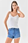 Askılı Sim Detaylı Beyaz Triko Crop Top