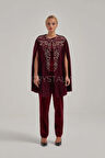 Pelerinli Taş Nakış İşlemeli Bordo Kadife Takım