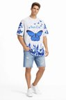 Erkek Asit Yıkamalı Oversize Tişört Mavi Kelebek Baskılı Dijital Print Bisiklet Yaka Streetwear TShirt