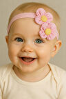 Çift Çiçekli İncili Çocuk & Bebek Saç Bandı - Özel Gün - Günlük Kullanım