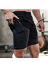 Makiteks Sporcu Şortu, Alt Siyah Tayt Görünümlü Çok Cepli Taytlı Spor Şortu