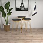 Siyah Mermer Desenli Gold Metal Ayaklı Gold Detaylı 3lü Çokgen Zigon Sehpa