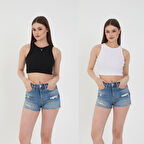 Wearflawless Kadın 2'li Adet Fitilli PAMUKLU Örme Kaşkorse Crop Bluz Atlet