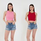 Wearflawless Kadın 2'li Adet Fitilli PAMUKLU Örme Kaşkorse Crop Bluz Atlet