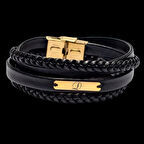 Özel Tasarım Siyah Deri Örgü Detaylı, Dikdörtgen Motifli ve 14 Ayar Altın Plakalı D Harfli Bileklik